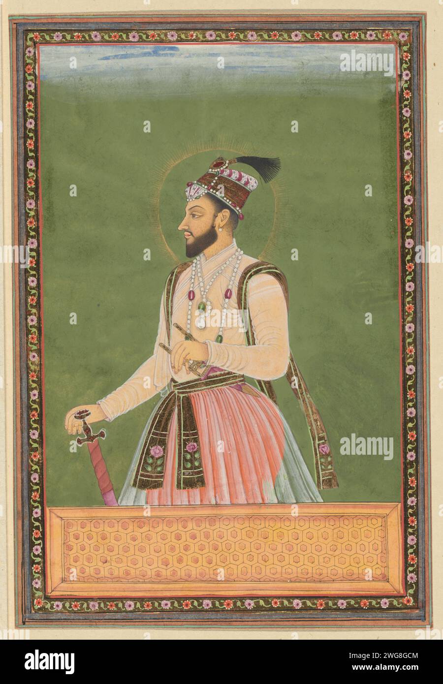 Portrait of Muradbakhsh, son of Shah Jahan, who was born after Shuja and ruled Gujarat in the time of his father; After the death of his father, Aurangzeb killed him and taken Gujarat, c. 1686 drawing. Indian miniature Muradbakhsh is depicted up to his hips, used to the left, with his right hand on his sword and his left hand on the Kattar put in his belt. Leaf 7 in the `Witsen-Album ', with 49 Indian miniatures of princes. Above the portrait a piece of paper with the name in Persian. Under the portrait a piece of paper with the name in the Portuguese. Golkonda paper. deck paint. gold leaf. go Stock Photo